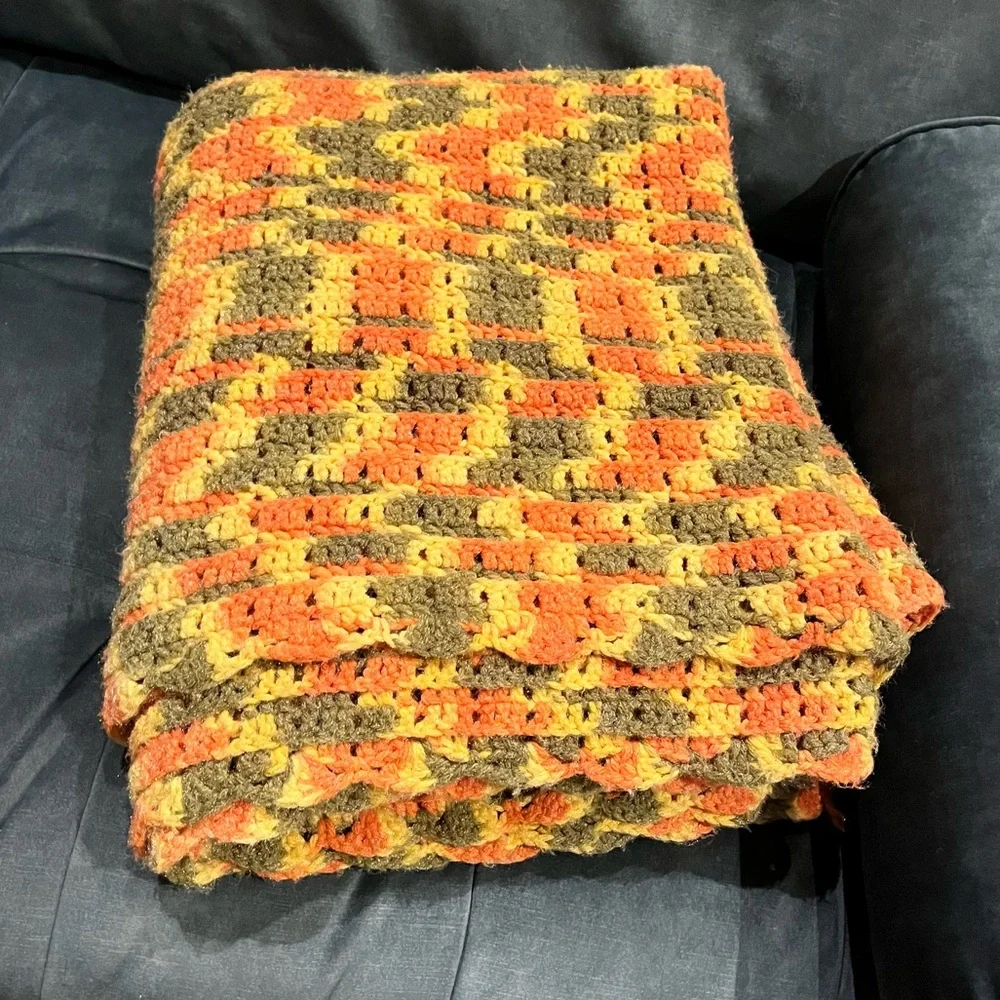 Vintage ca 70s Handmade Orange, Green, and Yellow Crocheted Afghan Blanket
